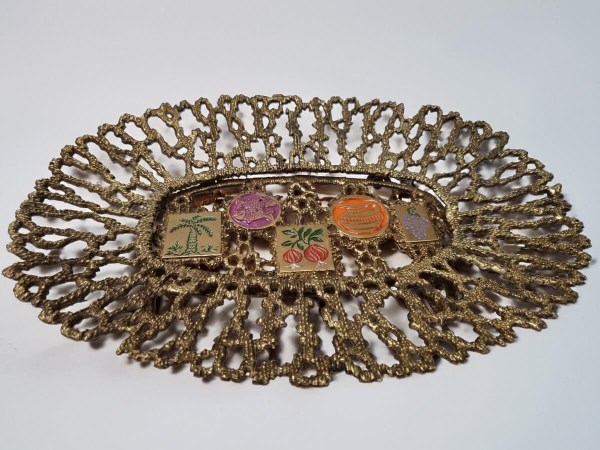 Tamar Raban Israel 184 Judaïca Jerusalem Brutalist Brass Dish mand schaal enamel brass bronze dish tray vintage-00006
